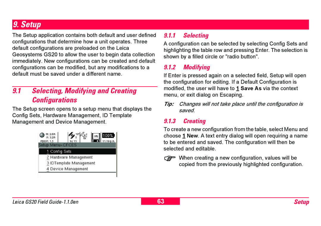 Leica GS20 Setup, 9.1Selecting, Modifying and Creating, Configurations, 9.1.1Selecting, 9.1.2Modifying, 9.1.3Creating 