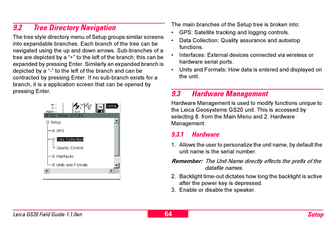 Leica GS20 manual 9.2Tree Directory Navigation, 9.3Hardware Management, 9.3.1Hardware, Setup 