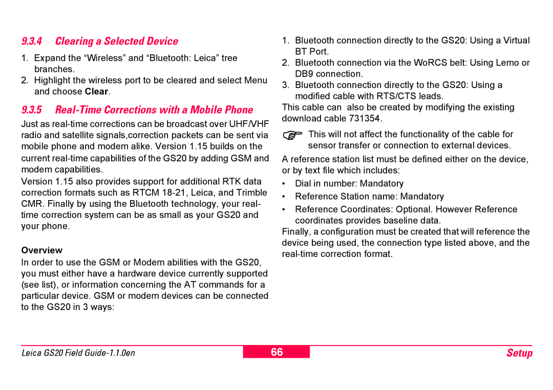 Leica GS20 manual 9.3.4Clearing a Selected Device, Setup, 9.3.5Real-TimeCorrections with a Mobile Phone 
