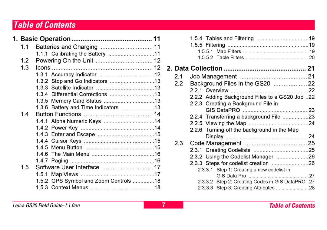 Leica GS20 manual Table of Contents, Basic Operation, Data Collection 