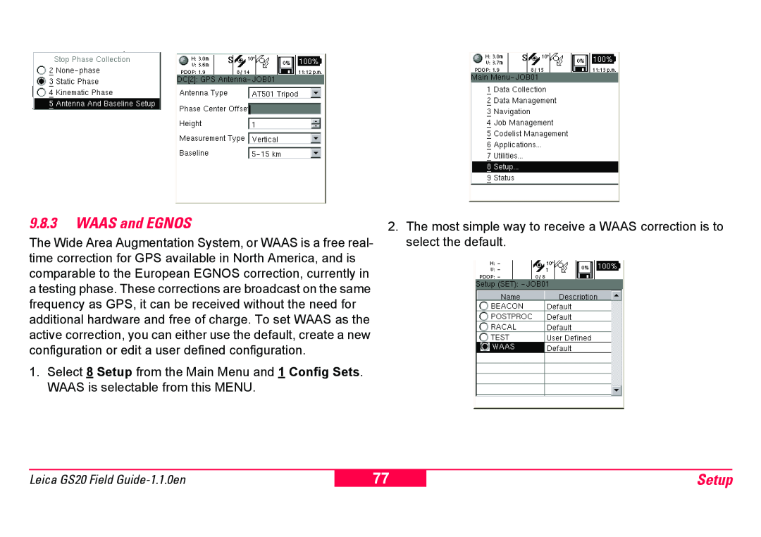 Leica GS20 manual 9.8.3WAAS and EGNOS, Setup 