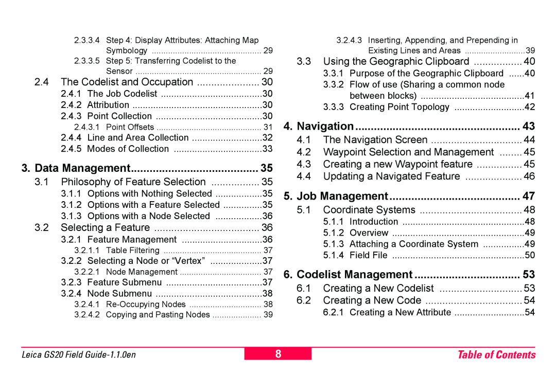 Leica GS20 manual Data Management, Navigation, Job Management, Codelist Management, Table of Contents 