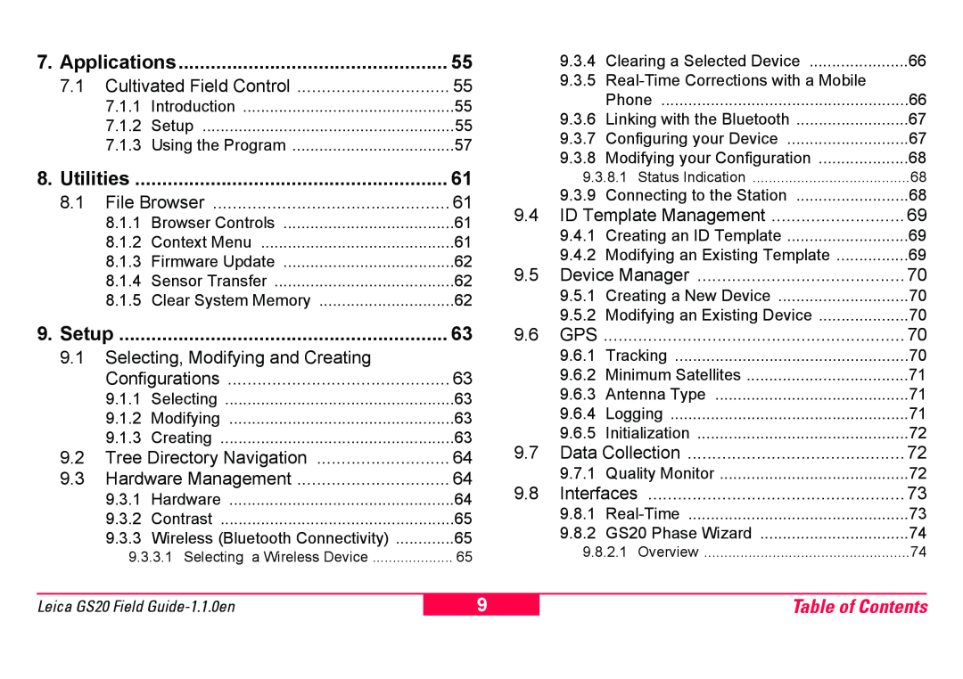 Leica GS20 manual Applications, Utilities, Setup, Table of Contents 