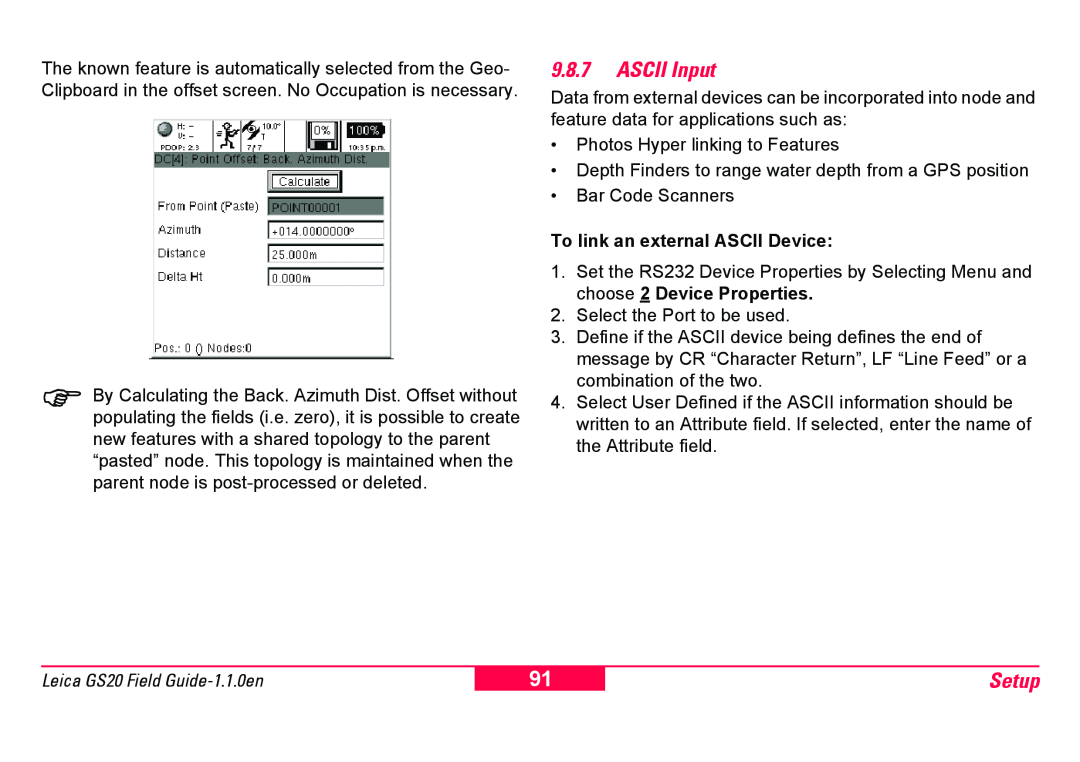 Leica GS20 manual 9.8.7ASCII Input, Setup, To link an external ASCII Device 