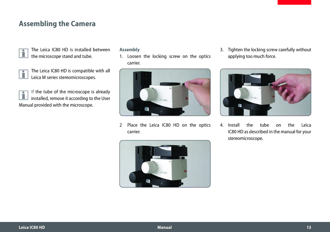 Leica IC80 HD manual Assembling the Camera, Manual provided with the microscope, Assembly 