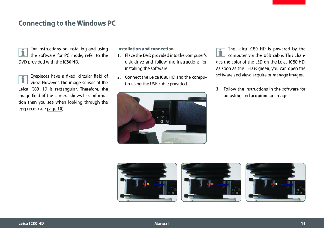 Leica manual Connecting to the Windows PC, DVD provided with the IC80 HD, Installation and connection 