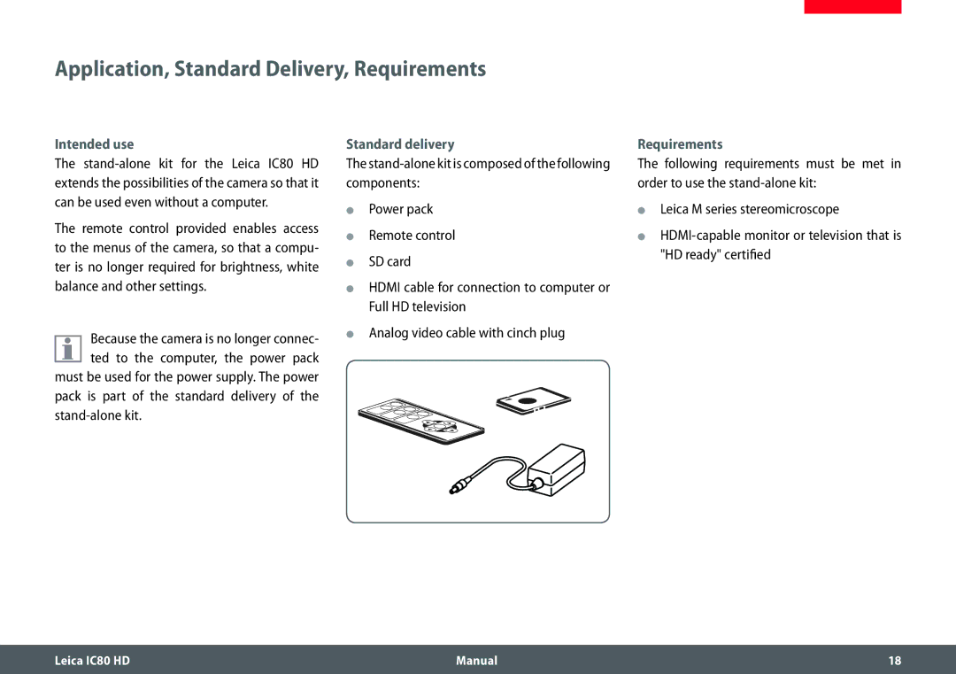 Leica IC80 HD manual Application, Standard Delivery, Requirements, Standard delivery 