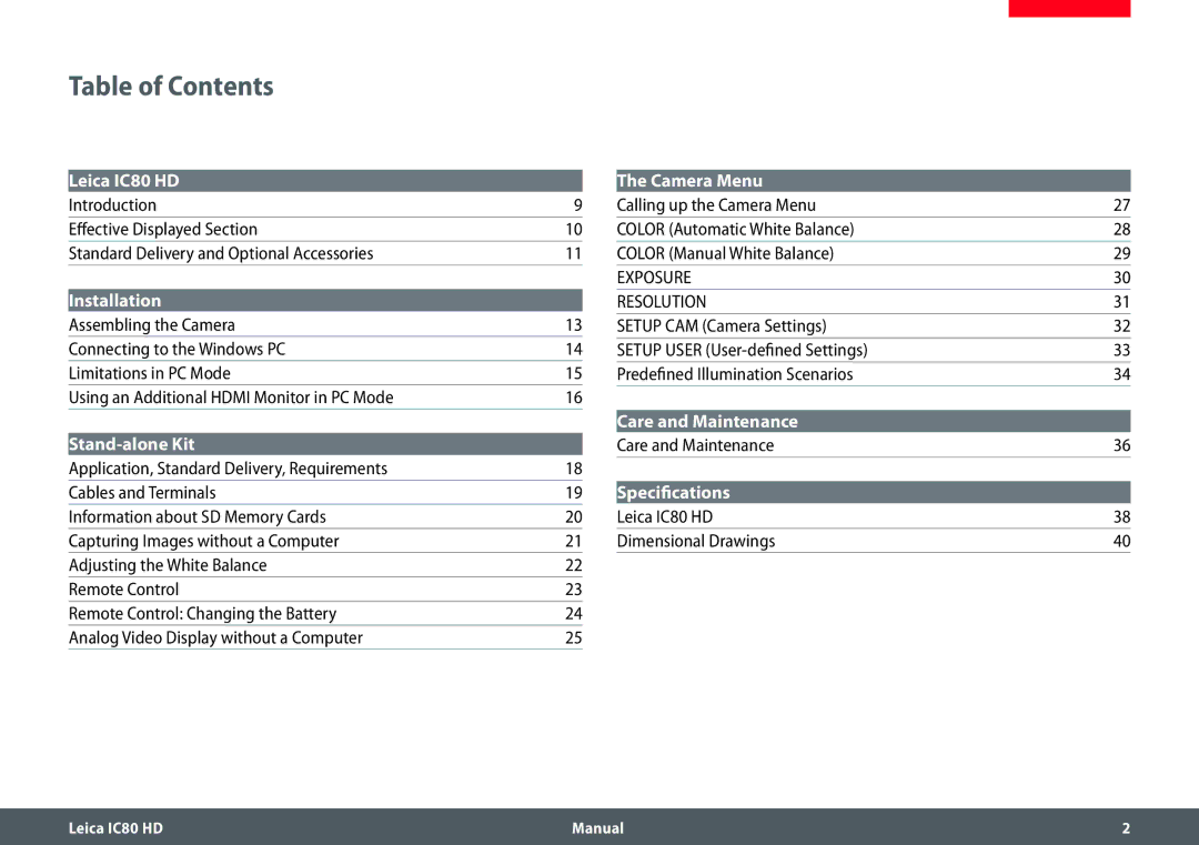 Leica IC80 HD manual Table of Contents 