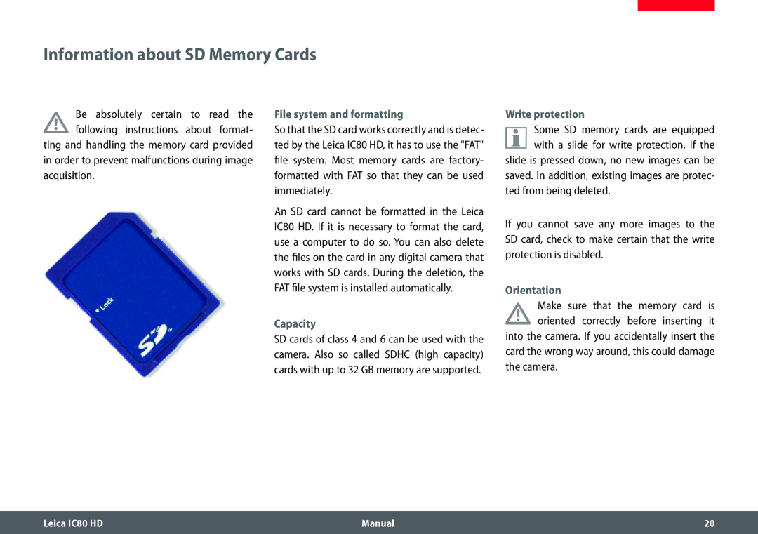 Leica IC80 HD manual Information about SD Memory Cards, File system and formatting, Capacity, Write protection, Orientation 