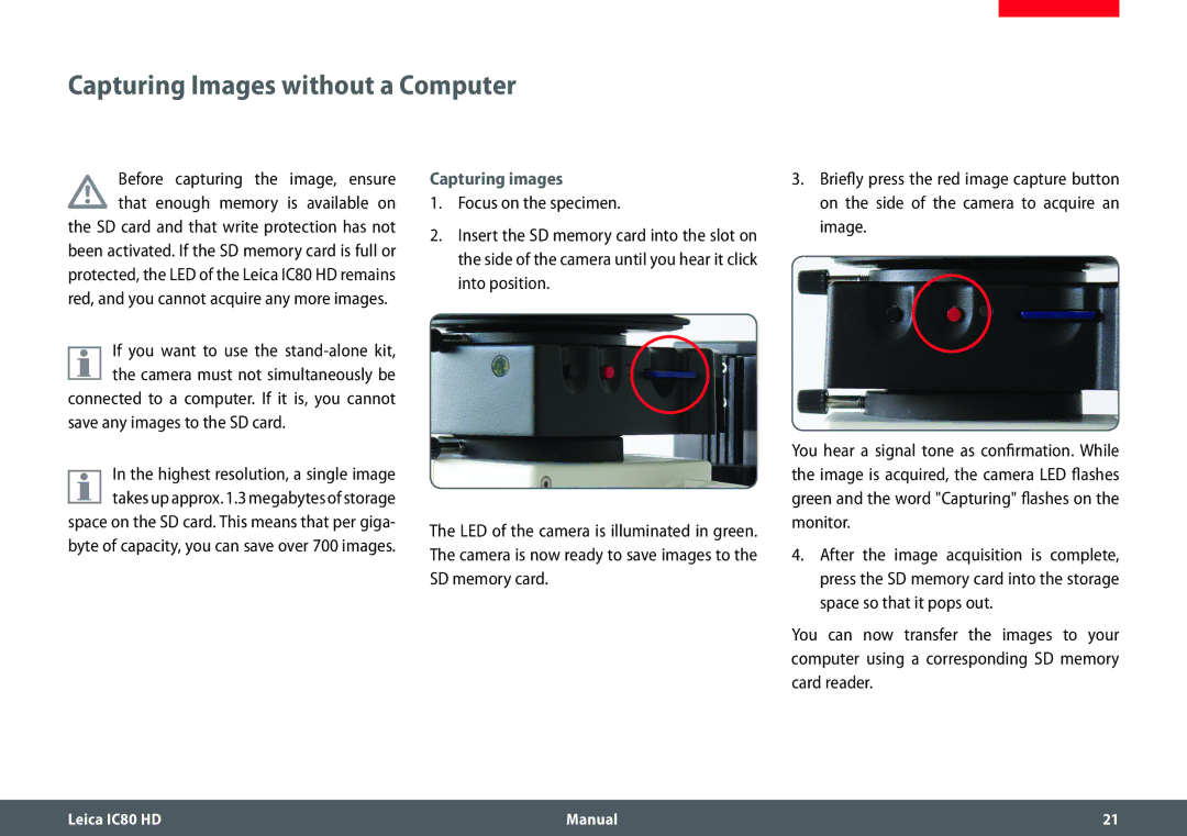 Leica IC80 HD manual Capturing Images without a Computer, Save any images to the SD card, Capturing images 