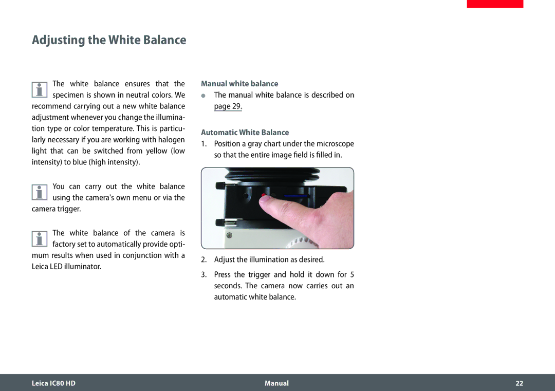 Leica IC80 HD manual Adjusting the White Balance, Manual white balance, Automatic White Balance 