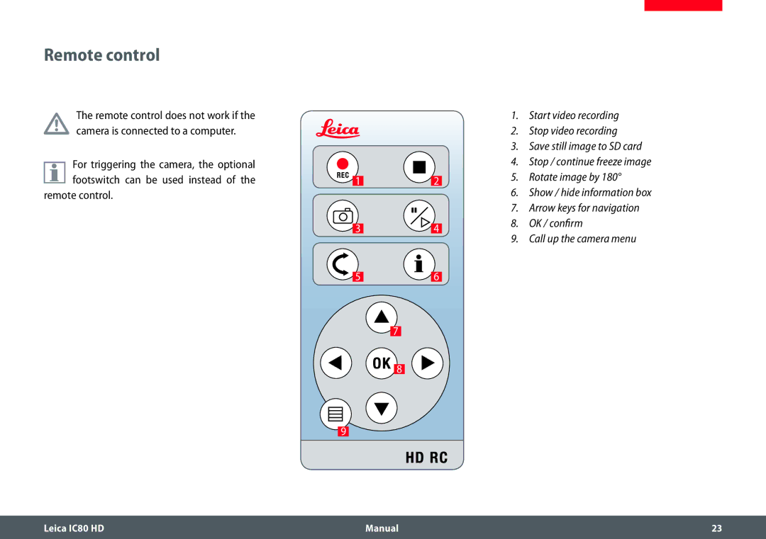 Leica IC80 HD manual Remote control 