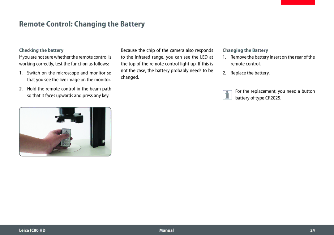 Leica IC80 HD manual Remote Control Changing the Battery, Checking the battery 