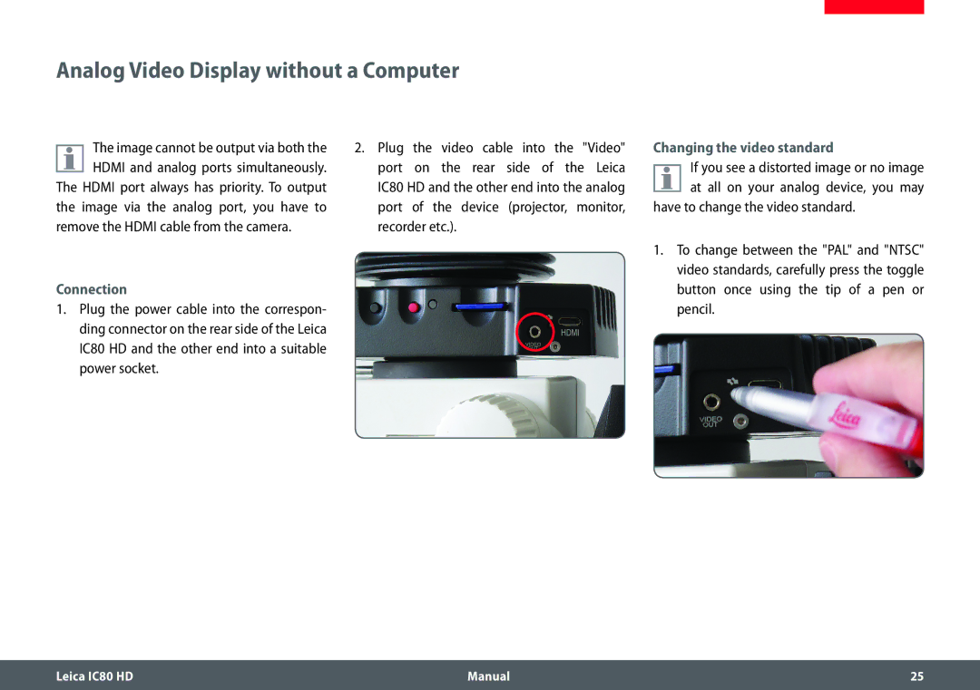 Leica IC80 HD manual Analog Video Display without a Computer, Connection, Changing the video standard 