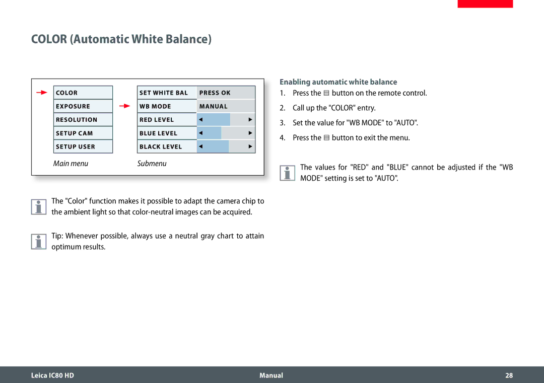 Leica IC80 HD manual Color Automatic White Balance, Enabling automatic white balance 