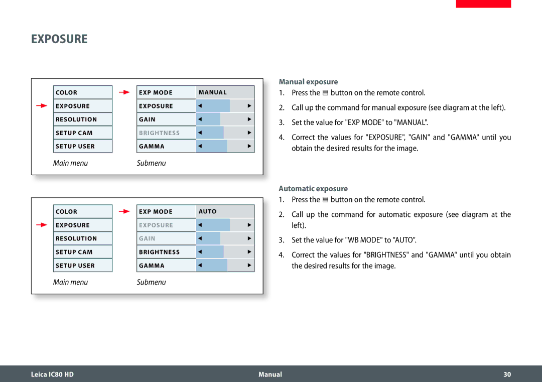 Leica IC80 HD manual Manual exposure, Automatic exposure 