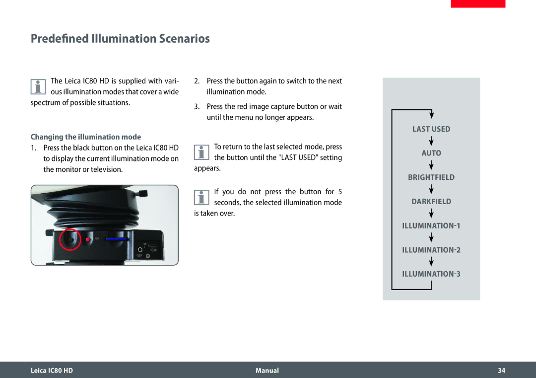 Leica IC80 HD Predefined Illumination Scenarios, Spectrum of possible situations, Changing the illumination mode, Appears 