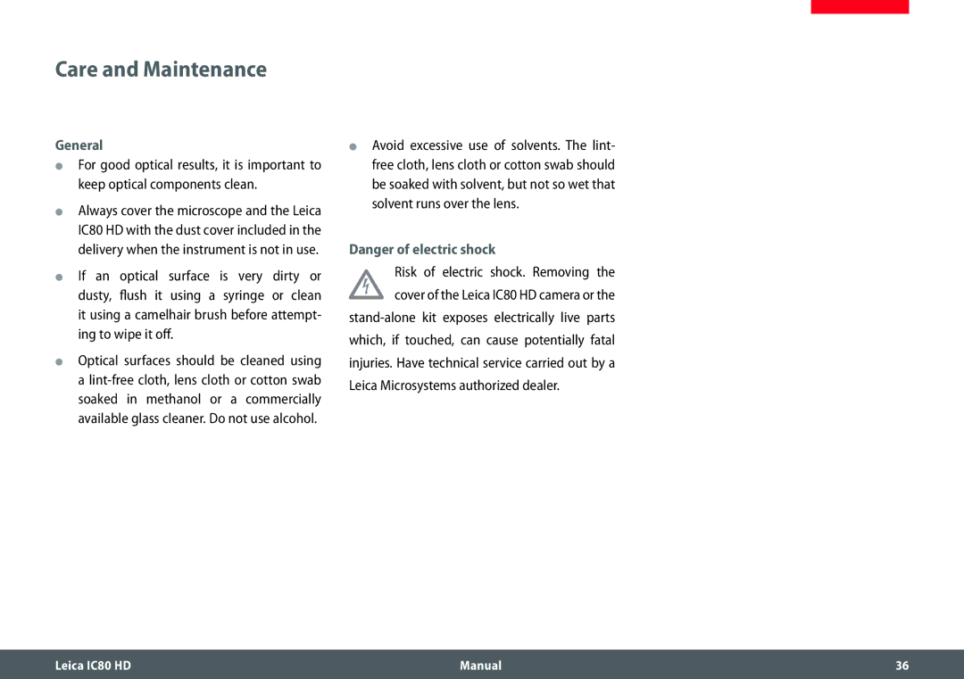 Leica IC80 HD manual Care and Maintenance, General, Leica Microsystems authorized dealer 