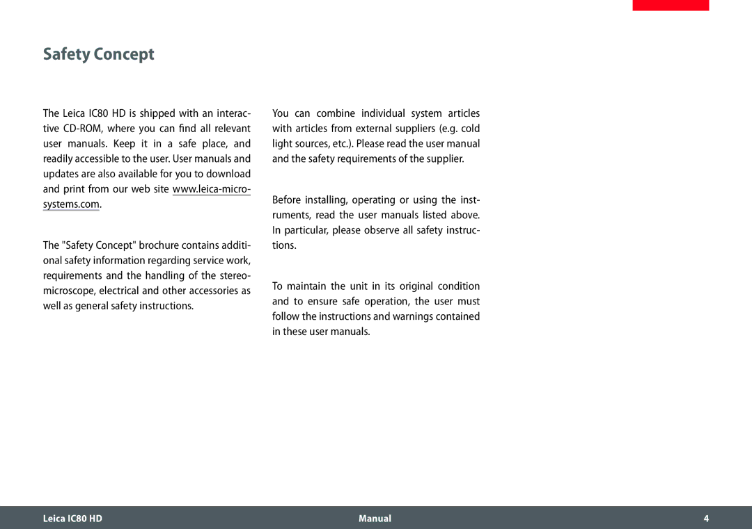 Leica IC80 HD manual Safety Concept 