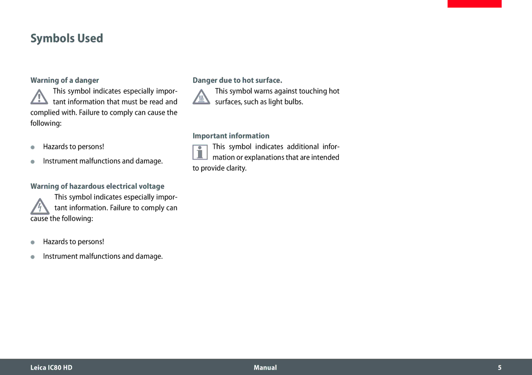 Leica IC80 HD manual Symbols Used, This symbol indicates especially impor, Important information 