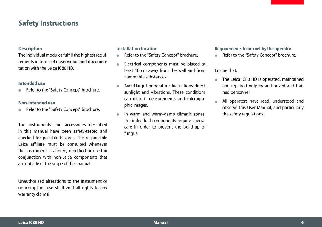 Leica IC80 HD manual Safety Instructions, Description, Intended use, Non-intended use, Installation location 