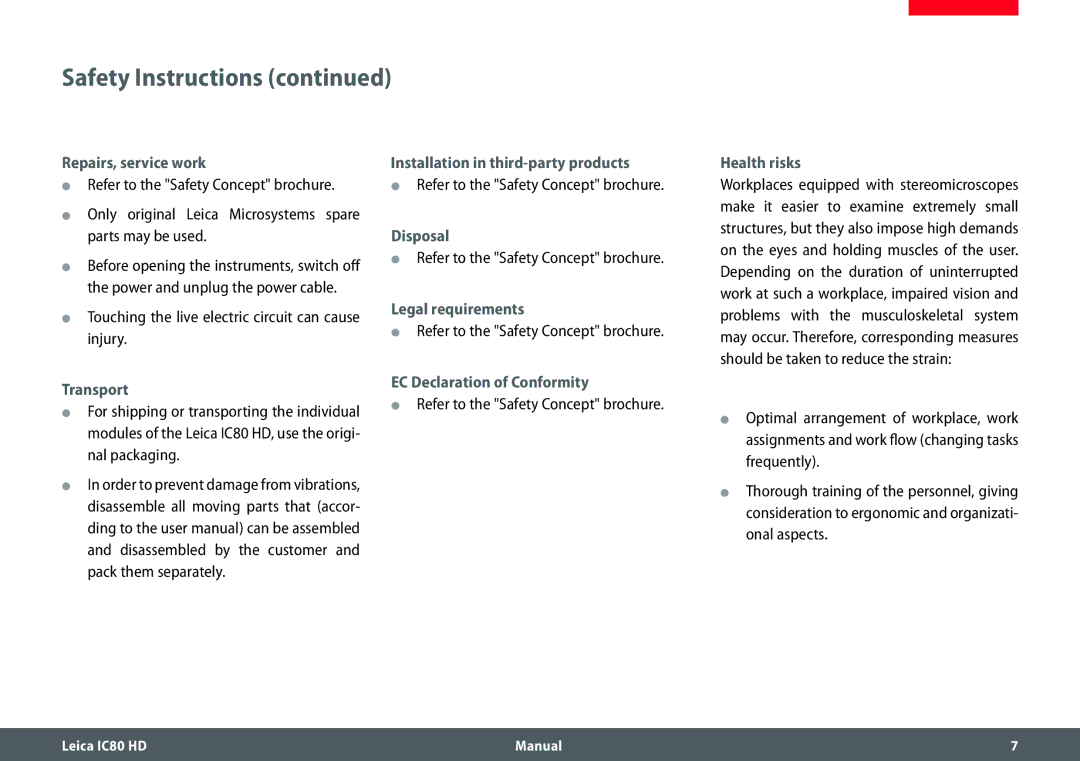 Leica IC80 HD manual Repairs, service work, Transport, Installation in third-party products, Disposal, Legal requirements 