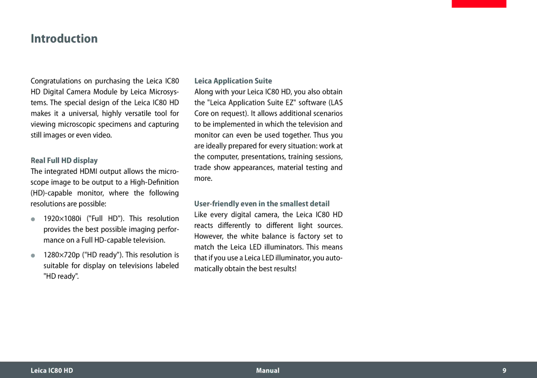 Leica IC80 HD manual Introduction, Real Full HD display, Leica Application Suite 