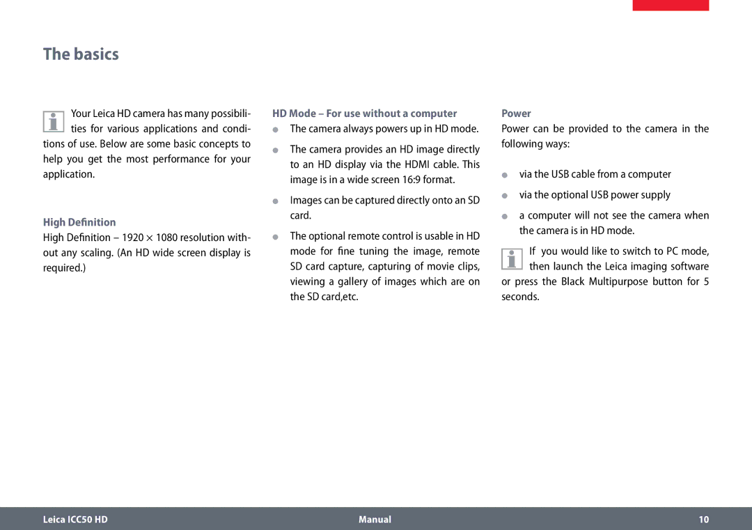 Leica ICC50 HD manual Basics, High Definition, HD Mode For use without a computer, Power 