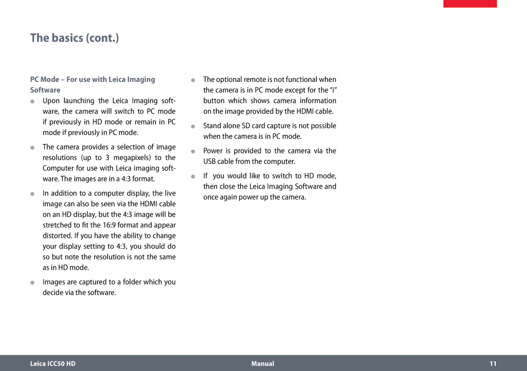 Leica ICC50 HD manual PC Mode For use with Leica Imaging Software 