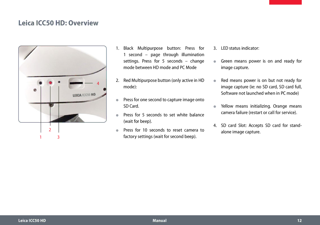 Leica manual Leica ICC50 HD Overview, Black Multipurpose Button, Second page through illumination 