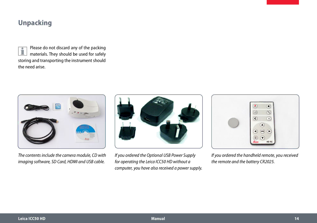 Leica ICC50 HD manual Unpacking, Need arise 