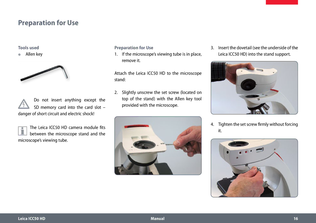 Leica ICC50 HD manual Preparation for Use, Tools used ϘϘ Allen key, Microscope’s viewing tube 