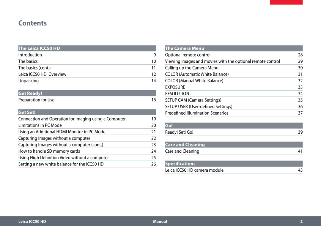 Leica ICC50 HD manual Contents 