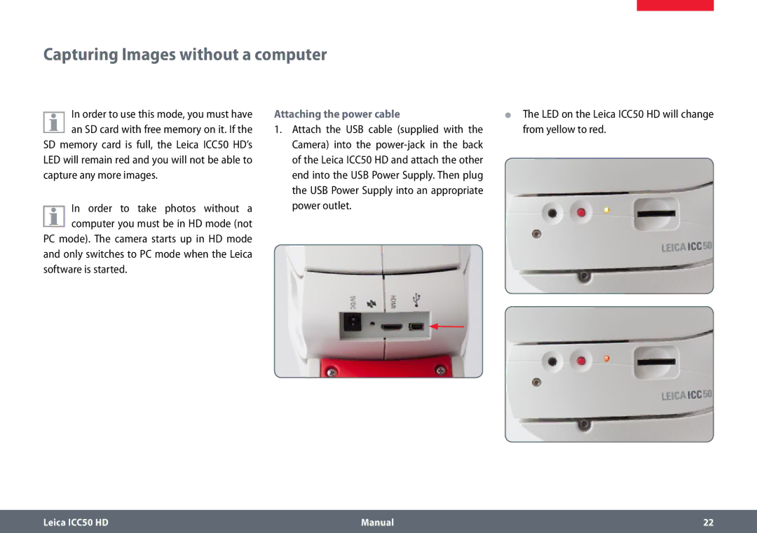 Leica ICC50 HD manual Capturing Images without a computer, Only switches to PC mode when the Leica software is started 