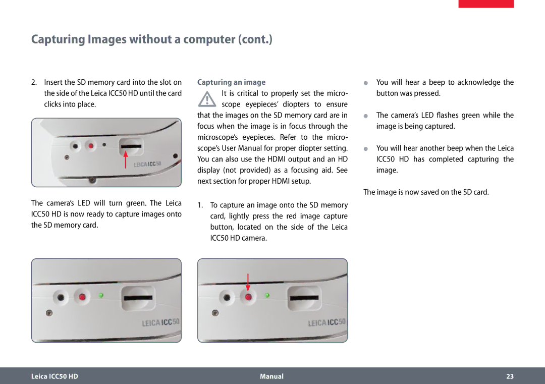 Leica ICC50 HD manual Capturing an image 