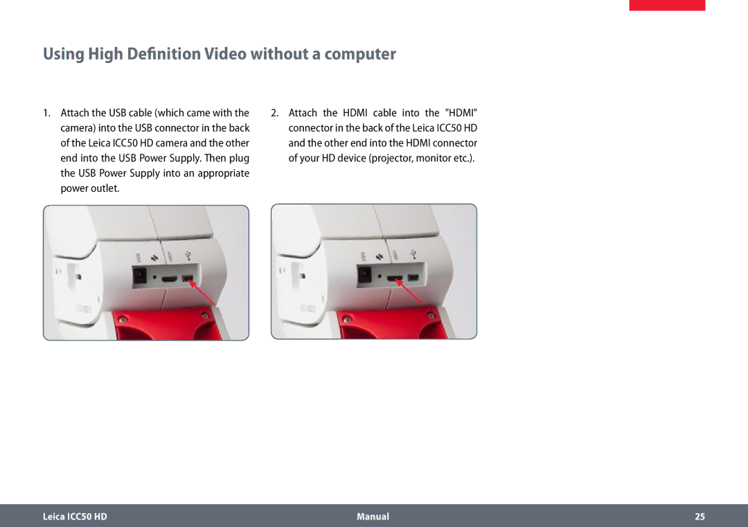 Leica ICC50 HD manual Using High Definition Video without a computer 