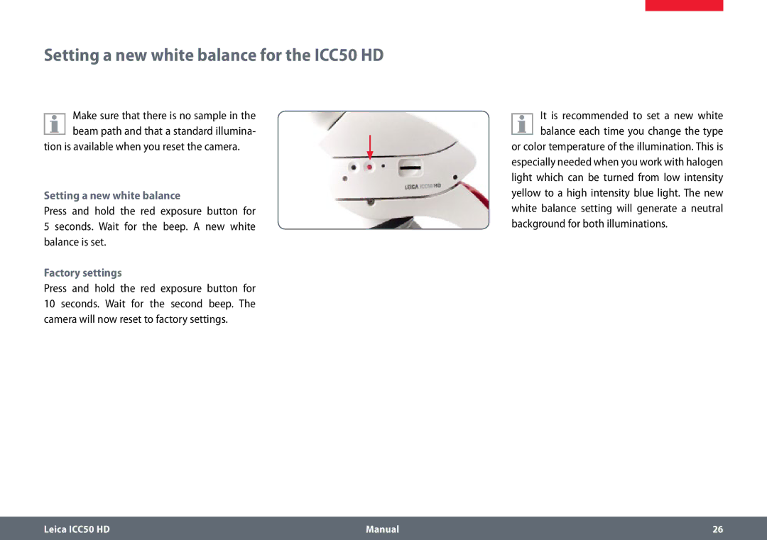 Leica manual Setting a new white balance for the ICC50 HD, Tion is available when you reset the camera, Factory settings 