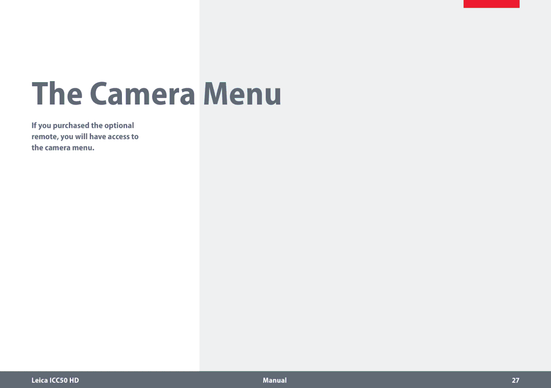 Leica ICC50 HD manual Camera Menu 