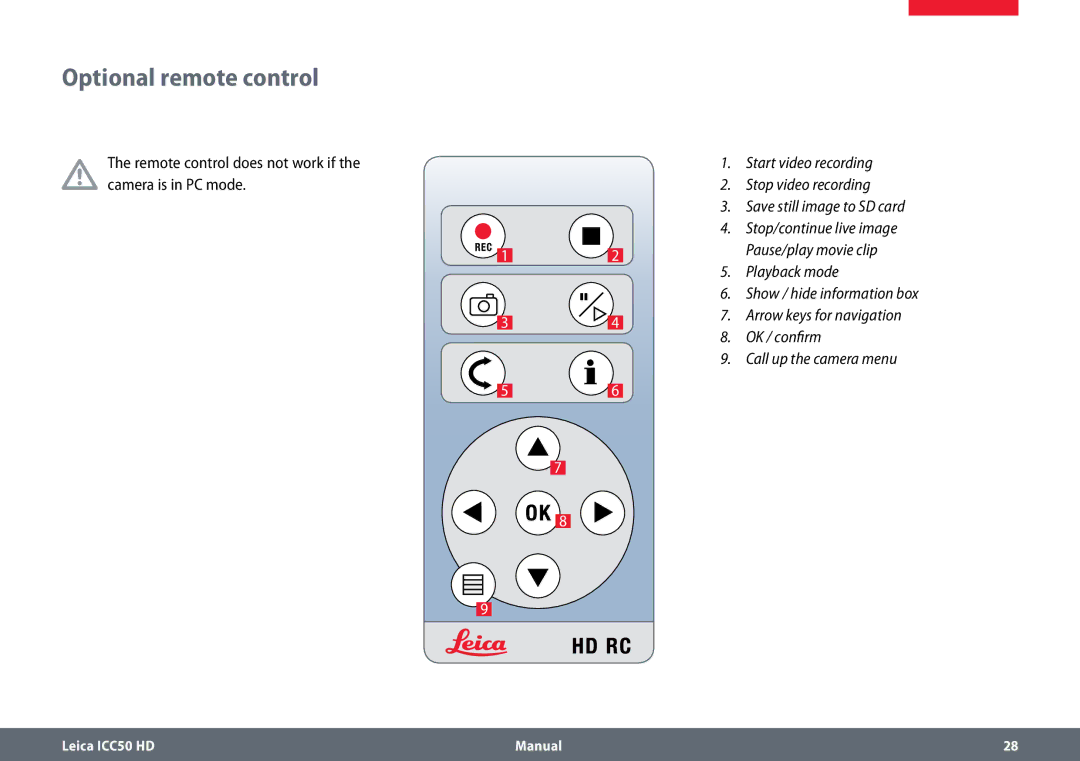 Leica ICC50 HD manual Optional remote control, Remote control does not work if the camera is in PC mode 