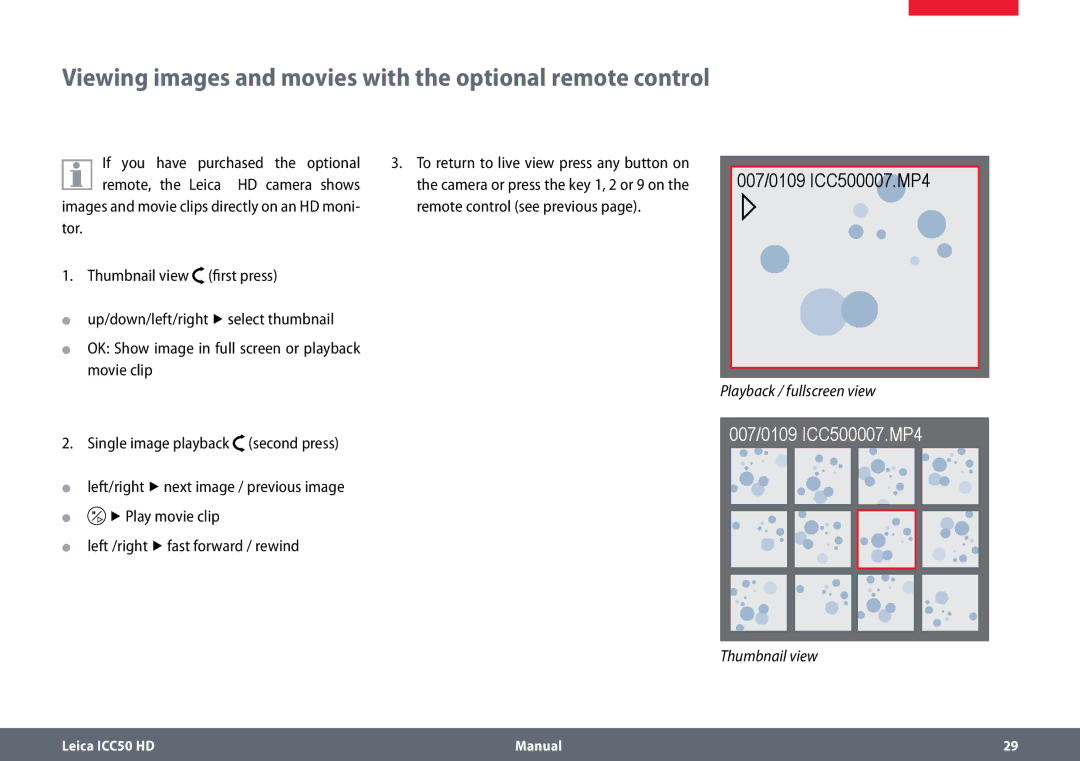 Leica ICC50 HD manual Viewing images and movies with the optional remote control 