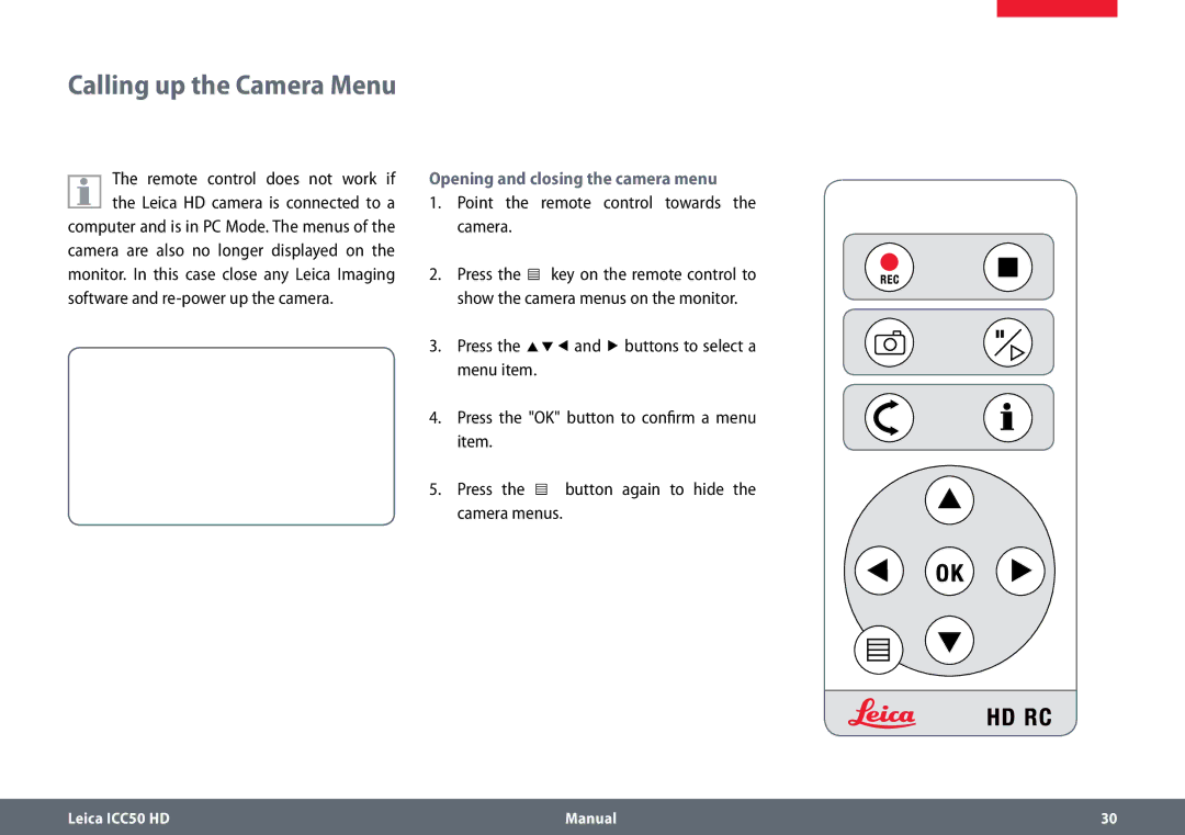 Leica ICC50 HD manual Calling up the Camera Menu, Software and re-power up the camera, Opening and closing the camera menu 