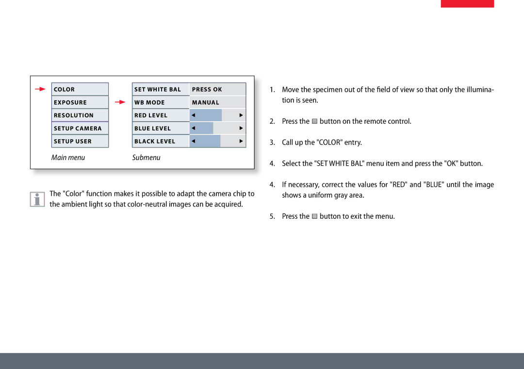 Leica ICC50 HD Color Manual White Balance, Adjusting the white balance manually recommended 