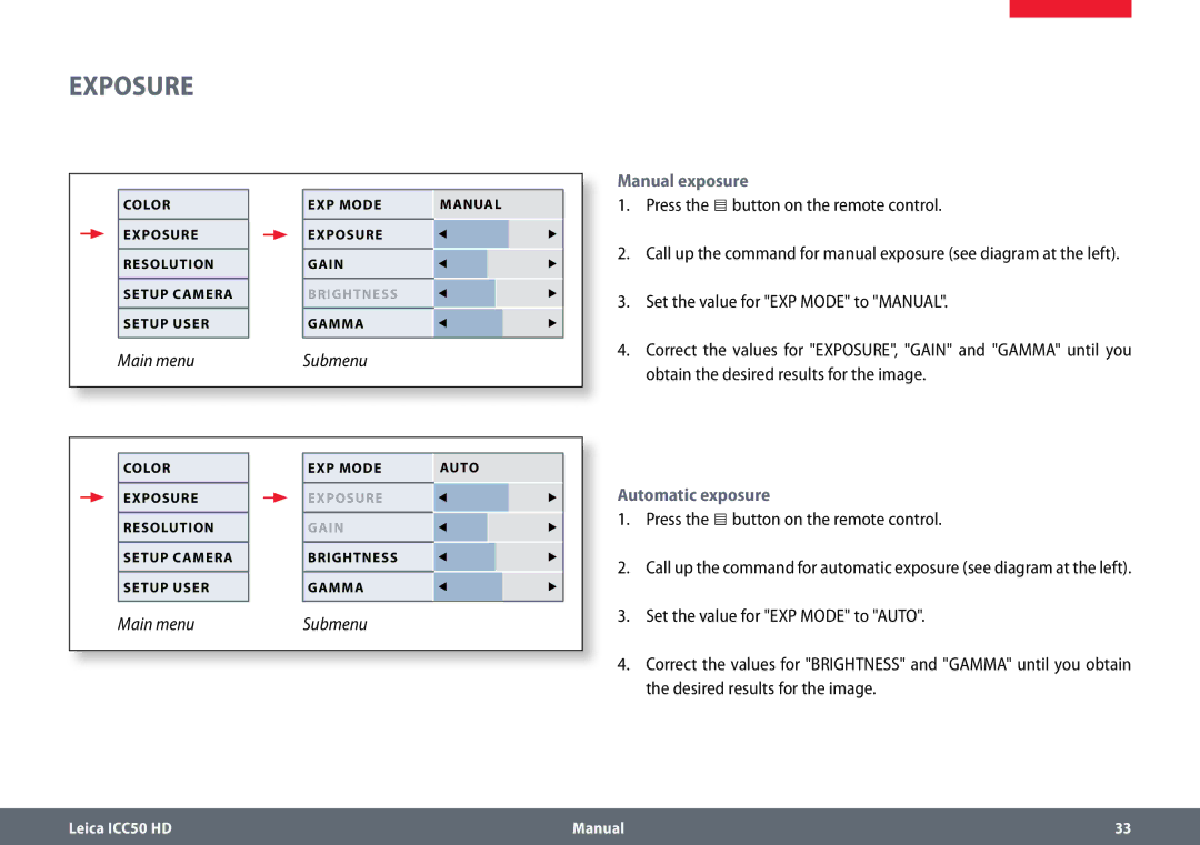Leica ICC50 HD manual Manual exposure, Automatic exposure 