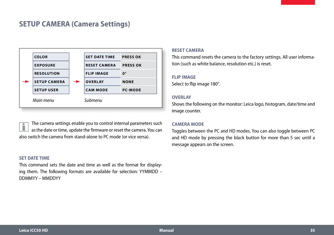 Leica ICC50 HD manual Setup Camera Camera Settings, Select to flip image 