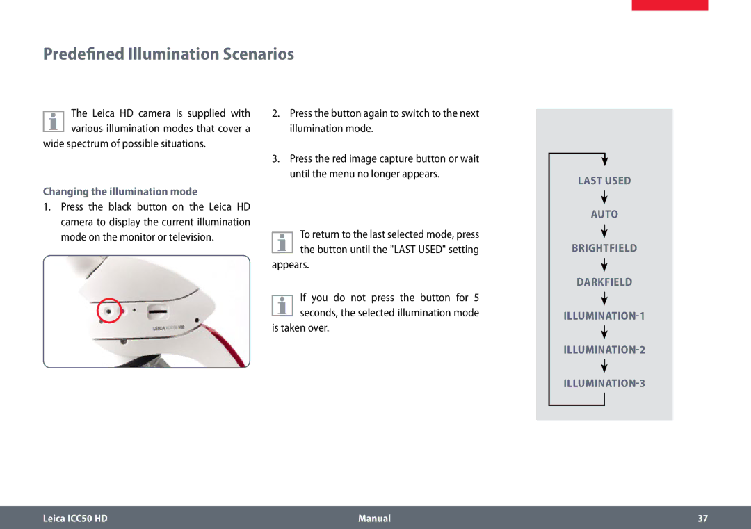 Leica ICC50 HD Predefined Illumination Scenarios, Wide spectrum of possible situations, Changing the illumination mode 