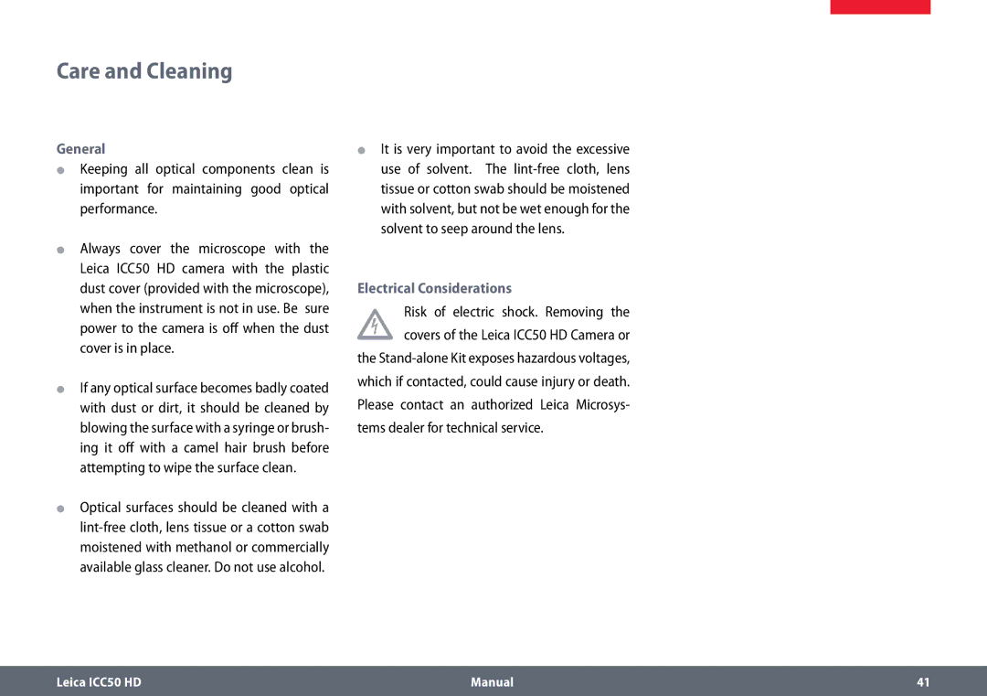 Leica ICC50 HD manual Care and Cleaning, General, Electrical Considerations 