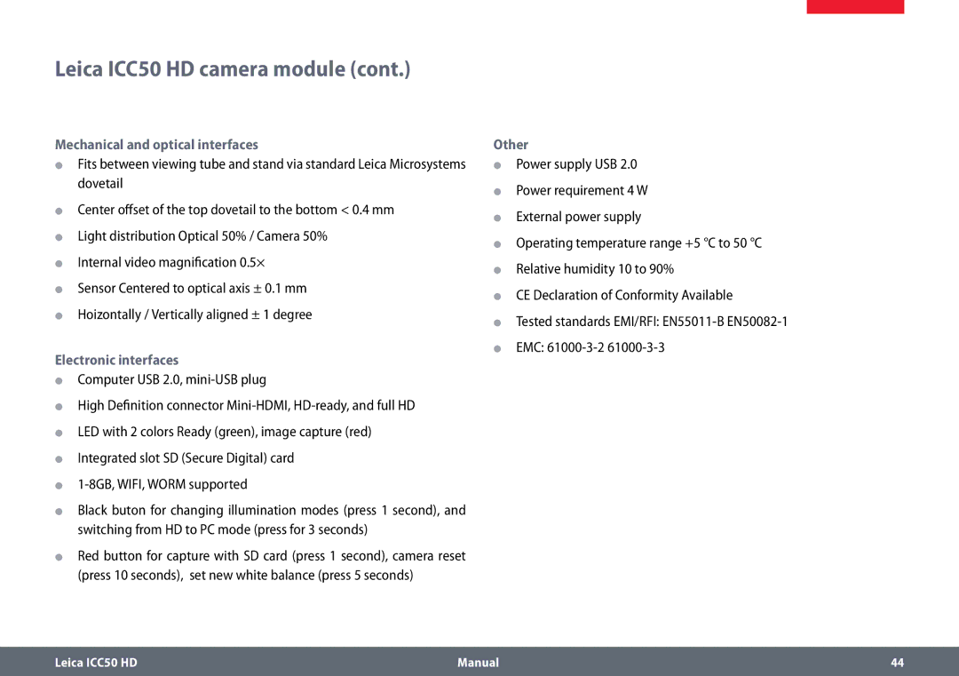 Leica ICC50 HD manual Mechanical and optical interfaces, Electronic interfaces, Other 