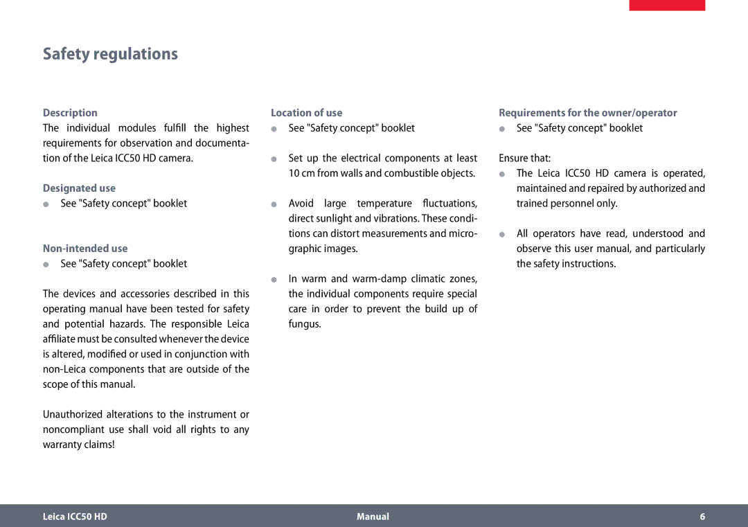 Leica ICC50 HD manual Safety regulations, Description, Designated use, Non-intended use, Location of use 