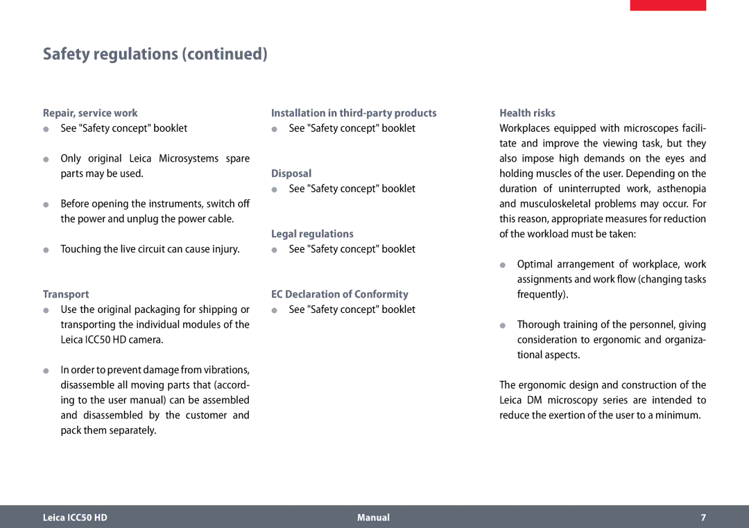 Leica ICC50 HD manual Disposal, Legal regulations, Transport EC Declaration of Conformity 