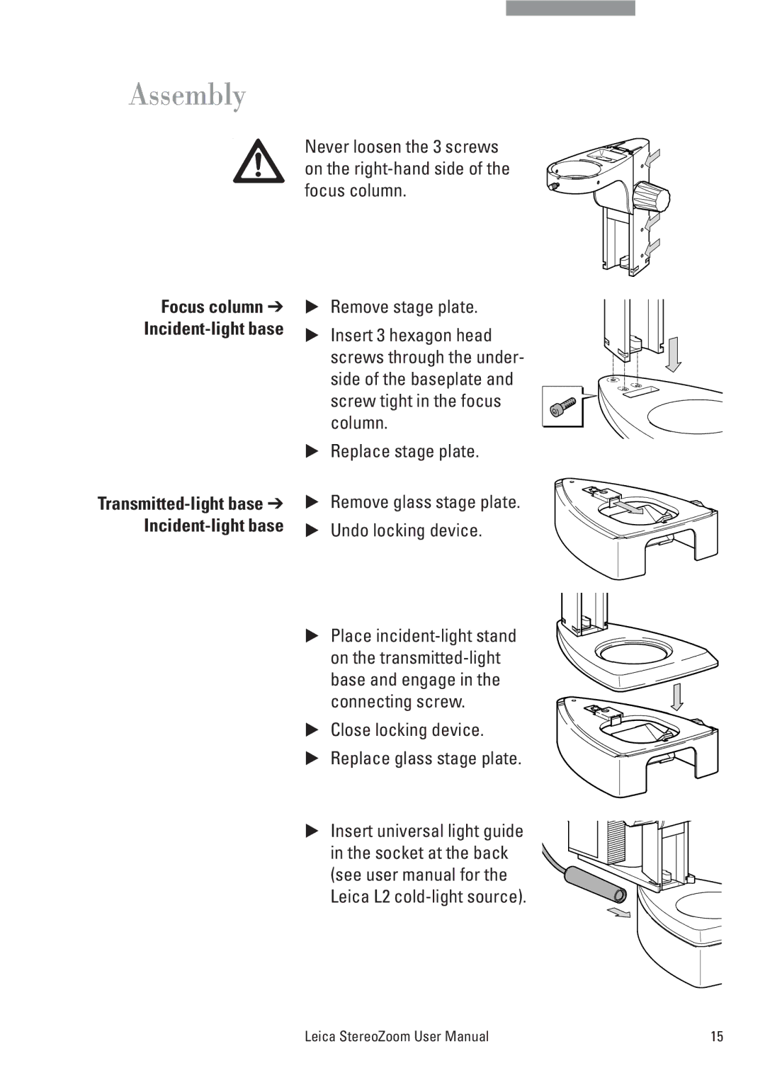 Leica MPS 60, L2, S8 APO, S6 T, MPS 30, S6 E, S6 D user manual Assembly, Remove glass stage plate Undo locking device 